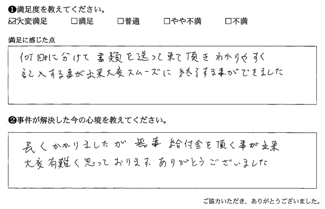 長くかかりましたが無事給付金を頂く事が出来大変有難く思っております