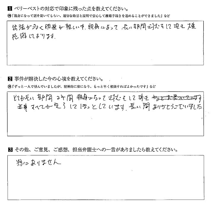 親身になって長い期間対応をして頂き大変感謝しております